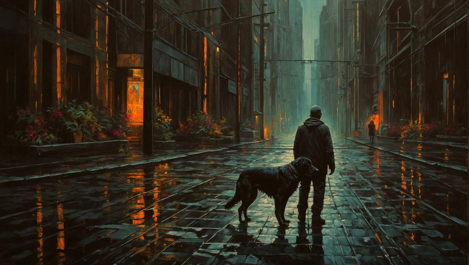 Free photo A person walking their dog in the rain on a dark alley