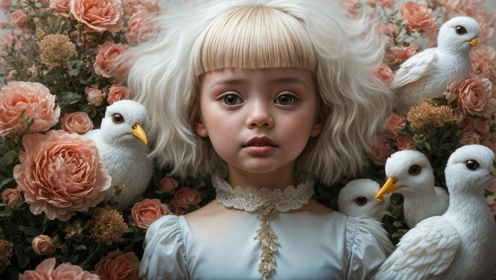 Бесплатное фото Девушка в белом наряде с белыми птицами вокруг нее