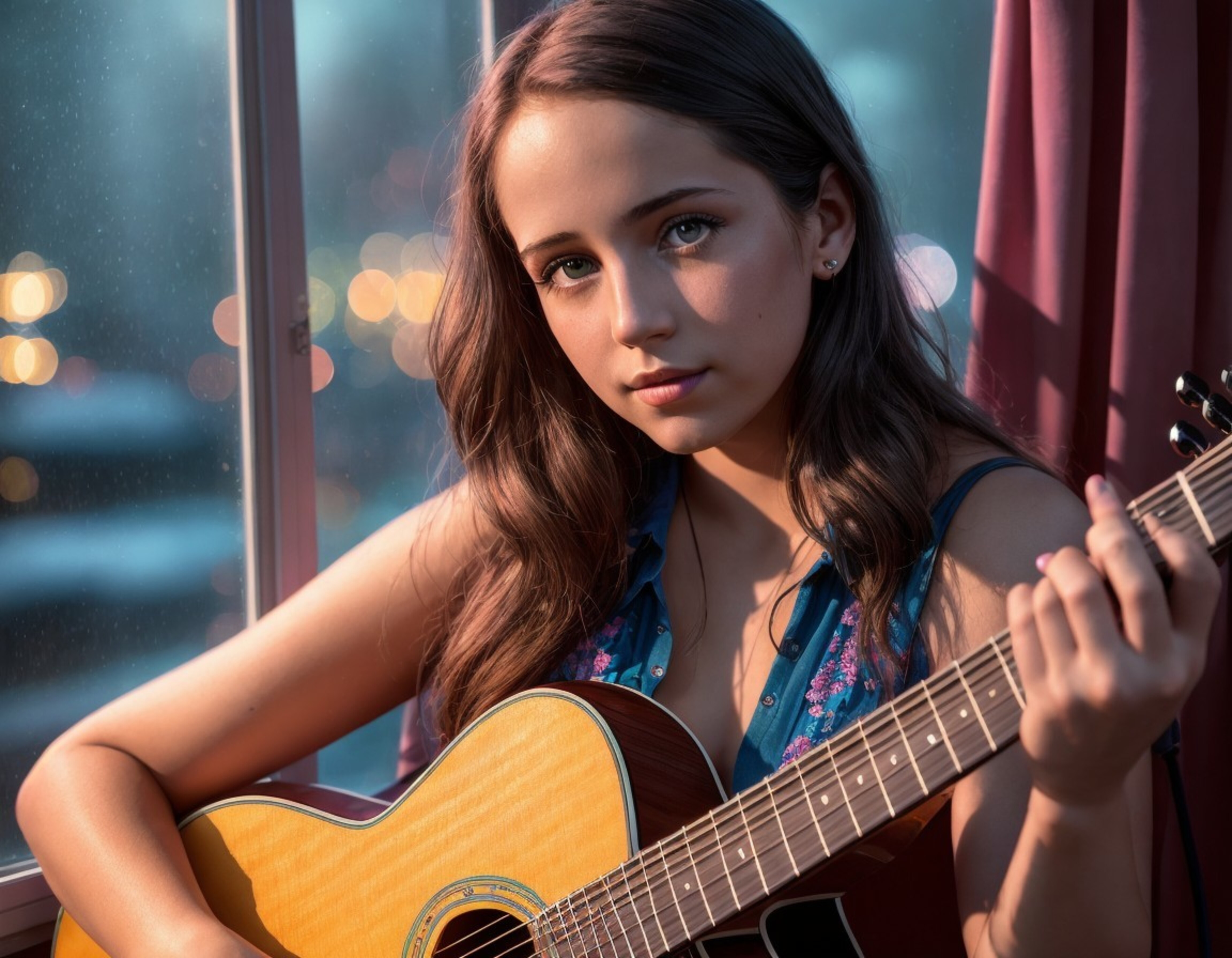 Бесплатное фото Девушка у окна играет на гитаре