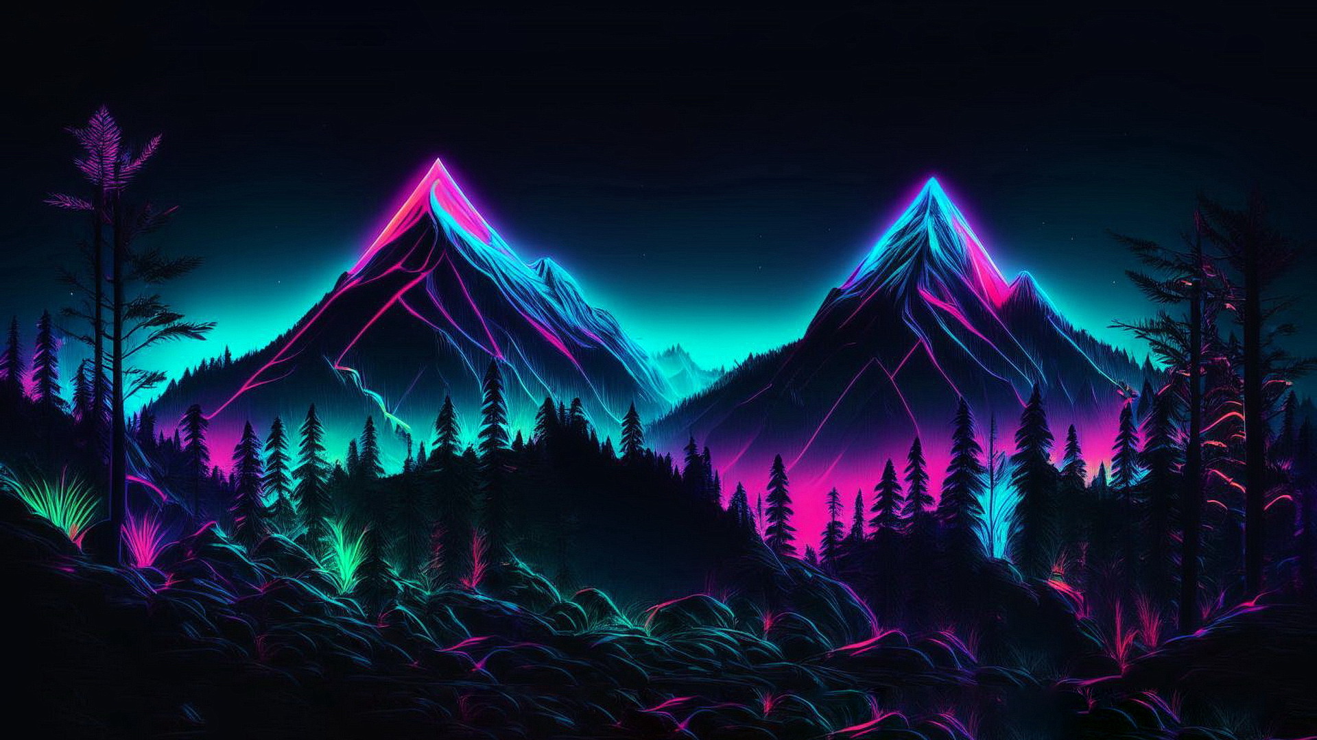 The night forest against the mountains
