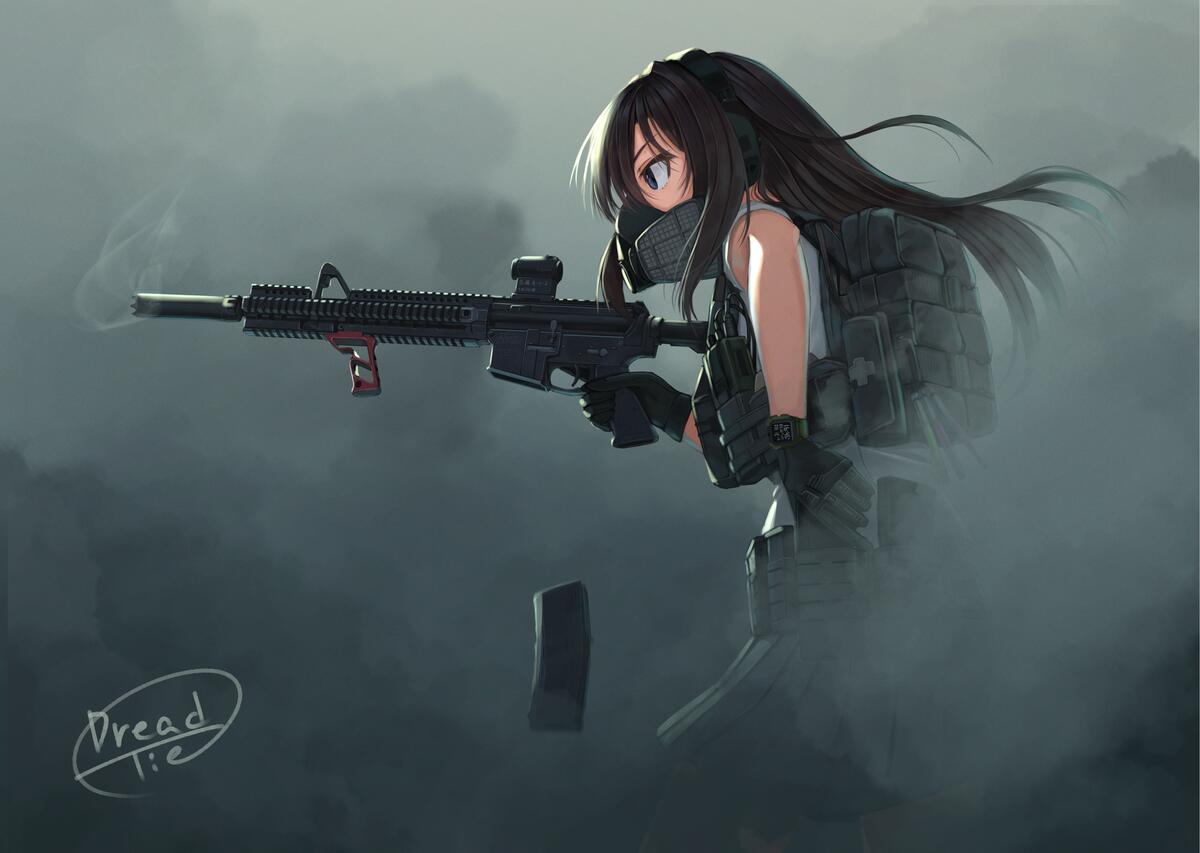 Anime girl with an automatic rifle in the fog