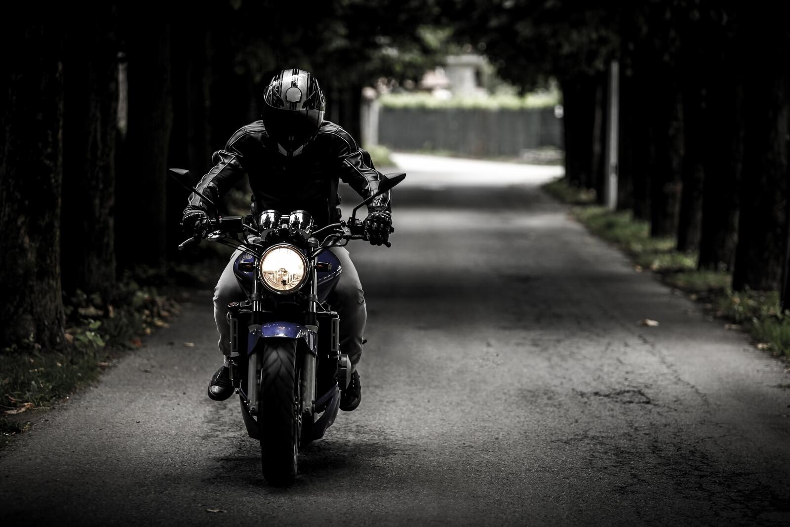 Бесплатное фото Байкер на мотоцикле едет вдоль деревьев