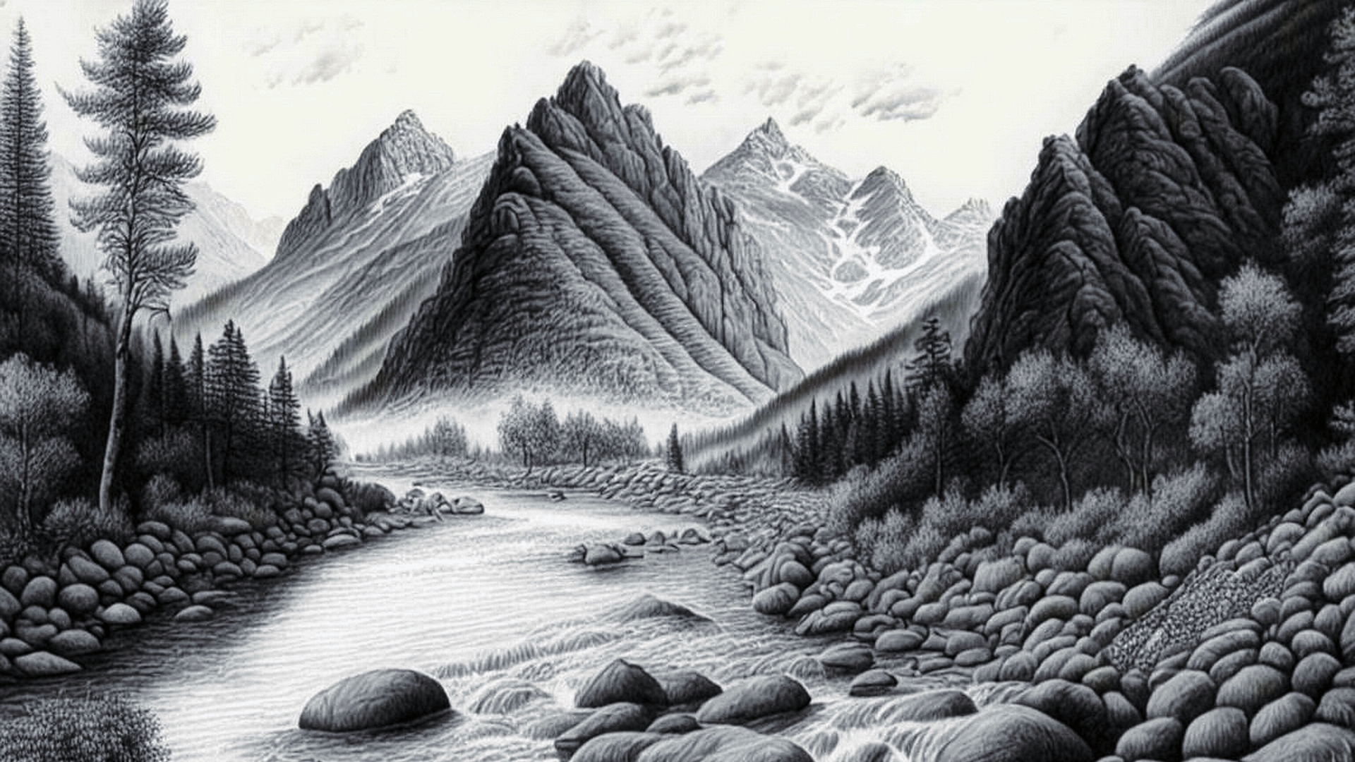 Рисунок карандашом река на фоне гор