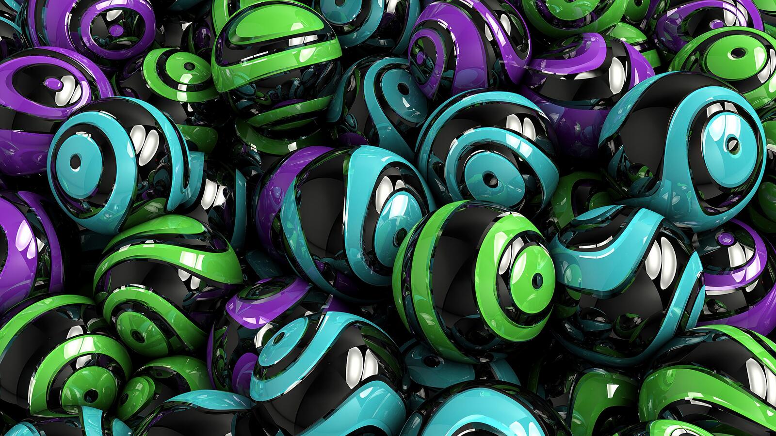 Free photo Green, purple, turquoise balls with black stripes