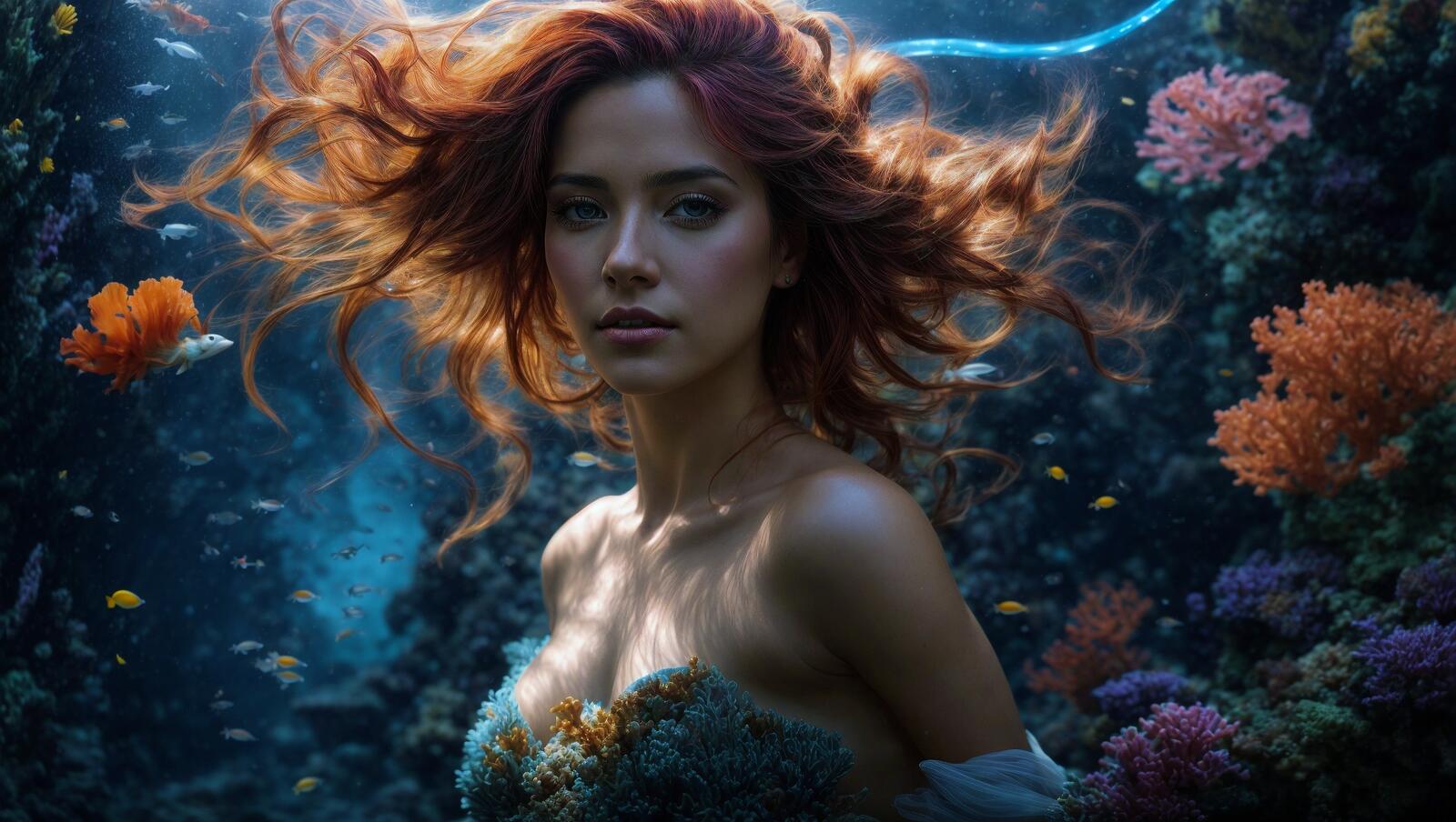 Бесплатное фото Женщина с волосами в подводной сцене
