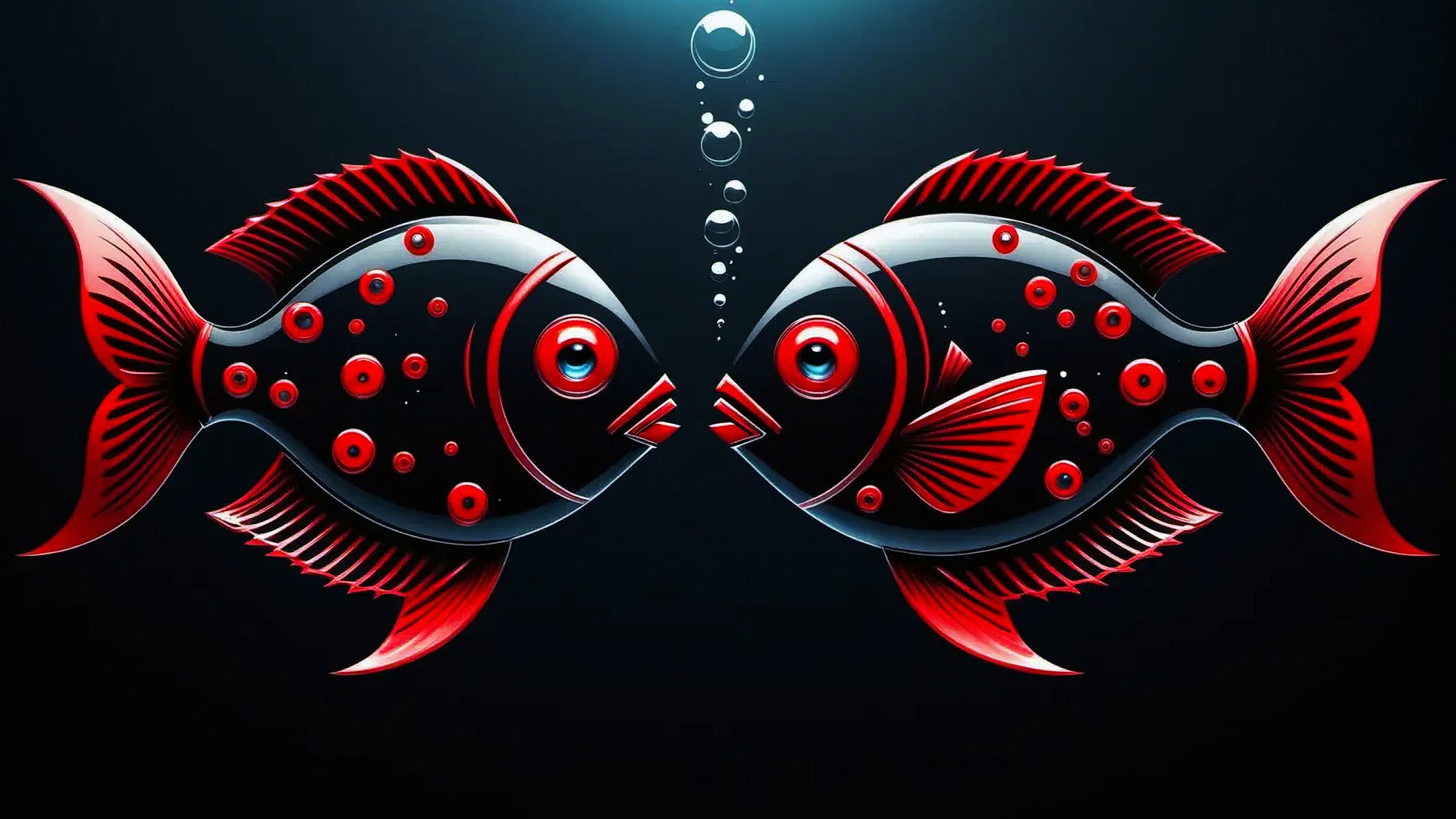 Рисунок две рыбы и пузыри на темном фоне