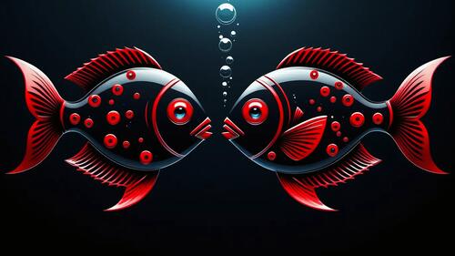 Рисунок две рыбы и пузыри на темном фоне