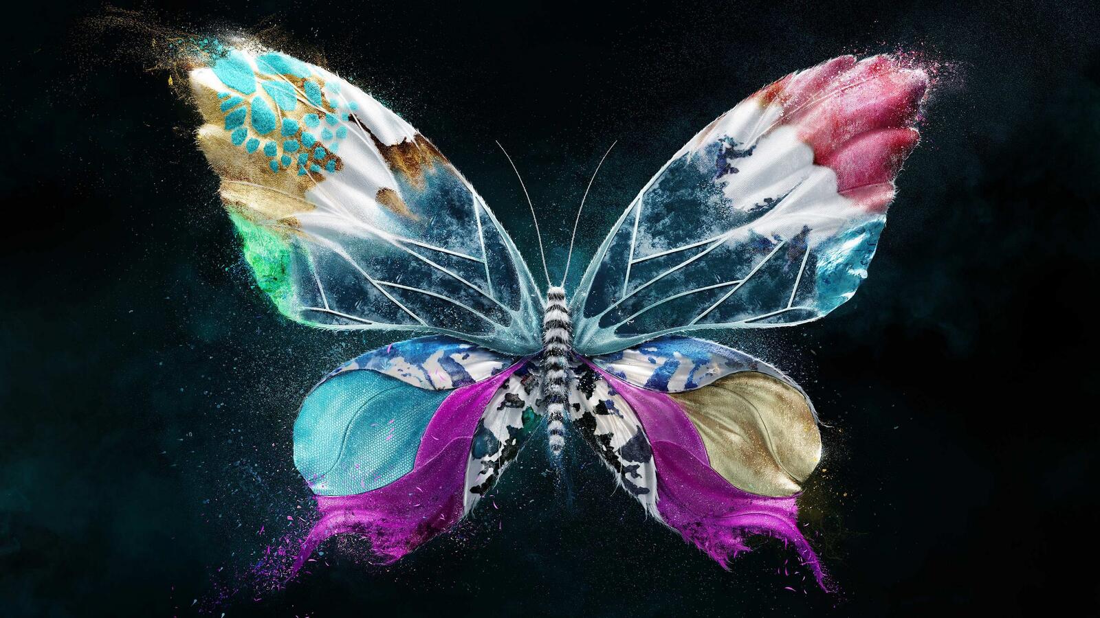 Free photo Colored butterfly made of fabric on a dark background