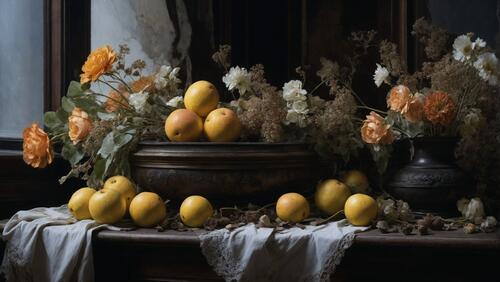 Желтый фрукт на фоне оранжевых цветов