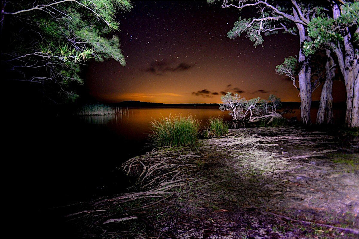 View of the river at night from the shore