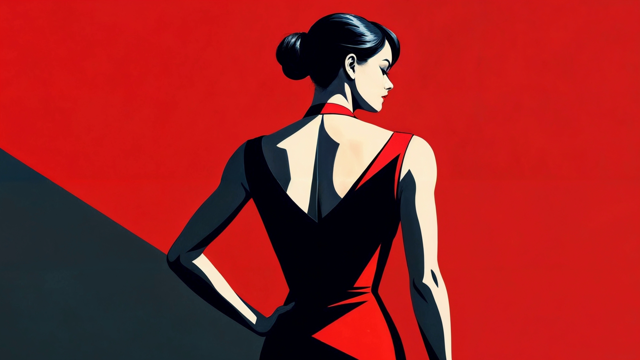 Drawing of a girl in a dress on a black and red background