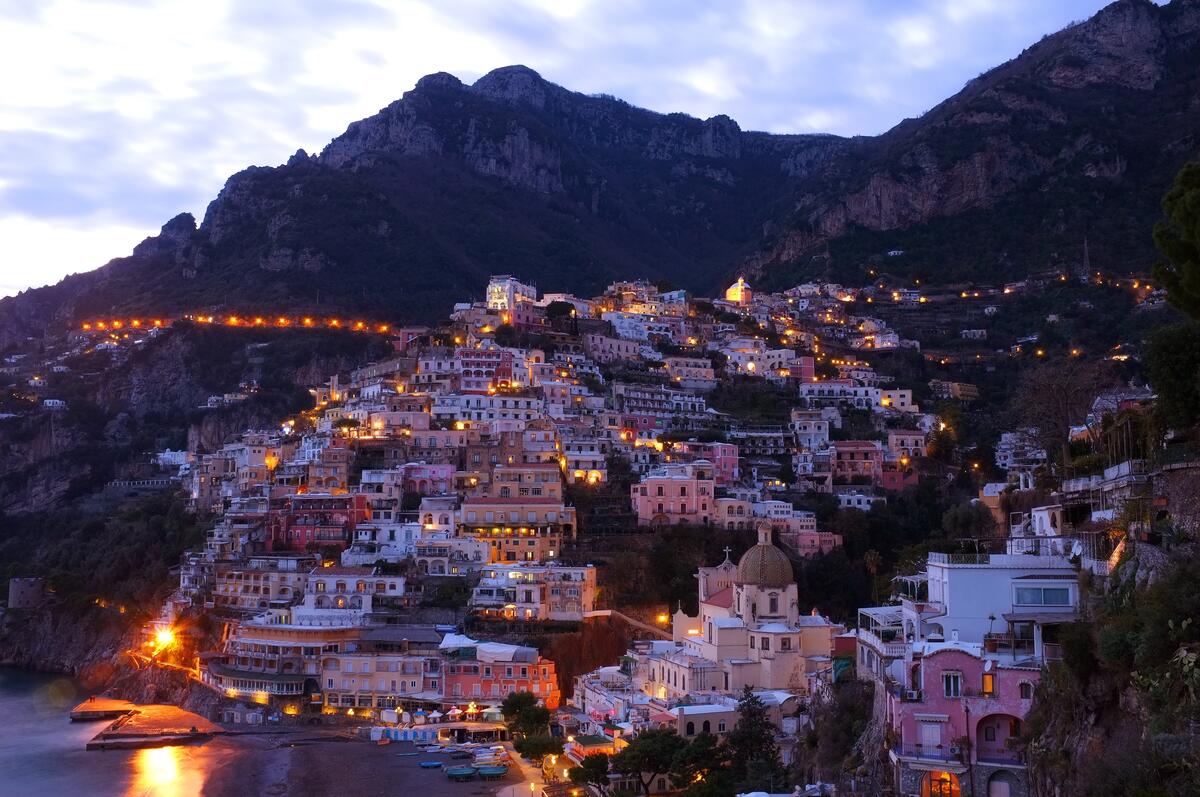 A town by the sea in Italy in the evening