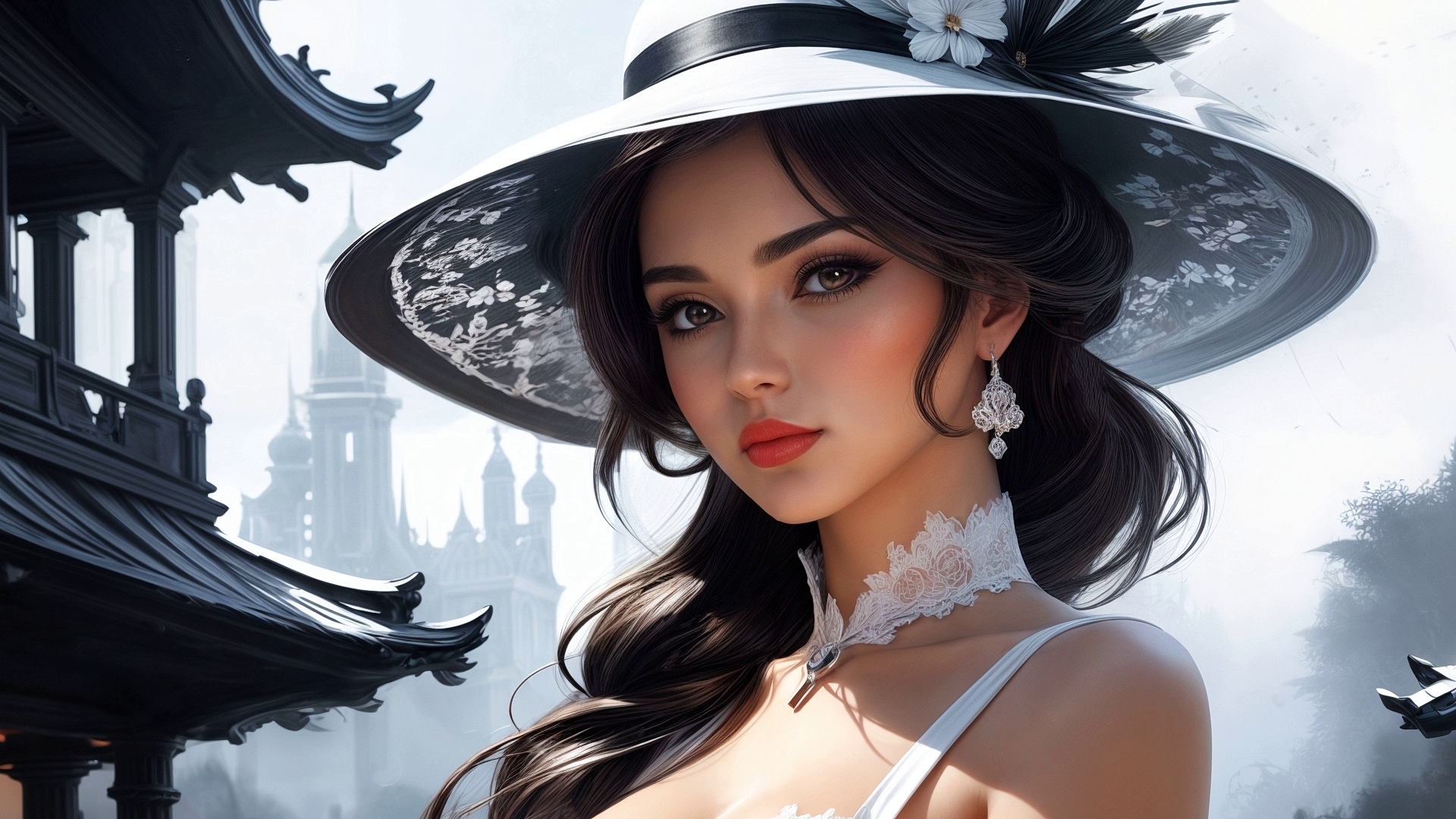 Портрет девушки  в белой шляпе и платье