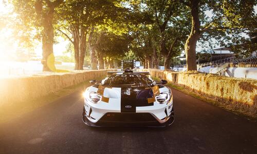 A ford gt mk ii race car stands on a road surrounded by trees