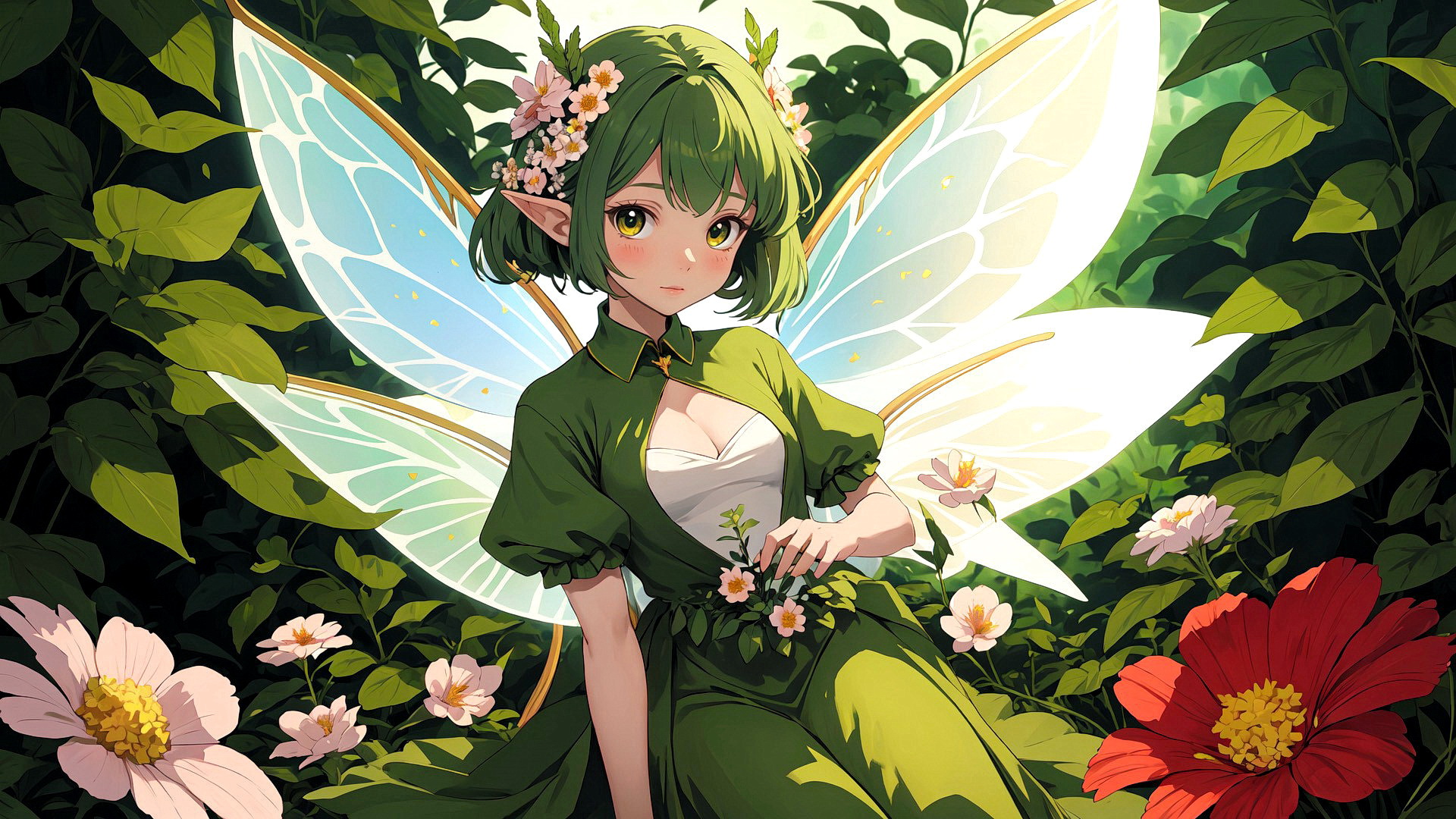 Free photo Drawing of a fairy in a green dress sitting against a background of leaves