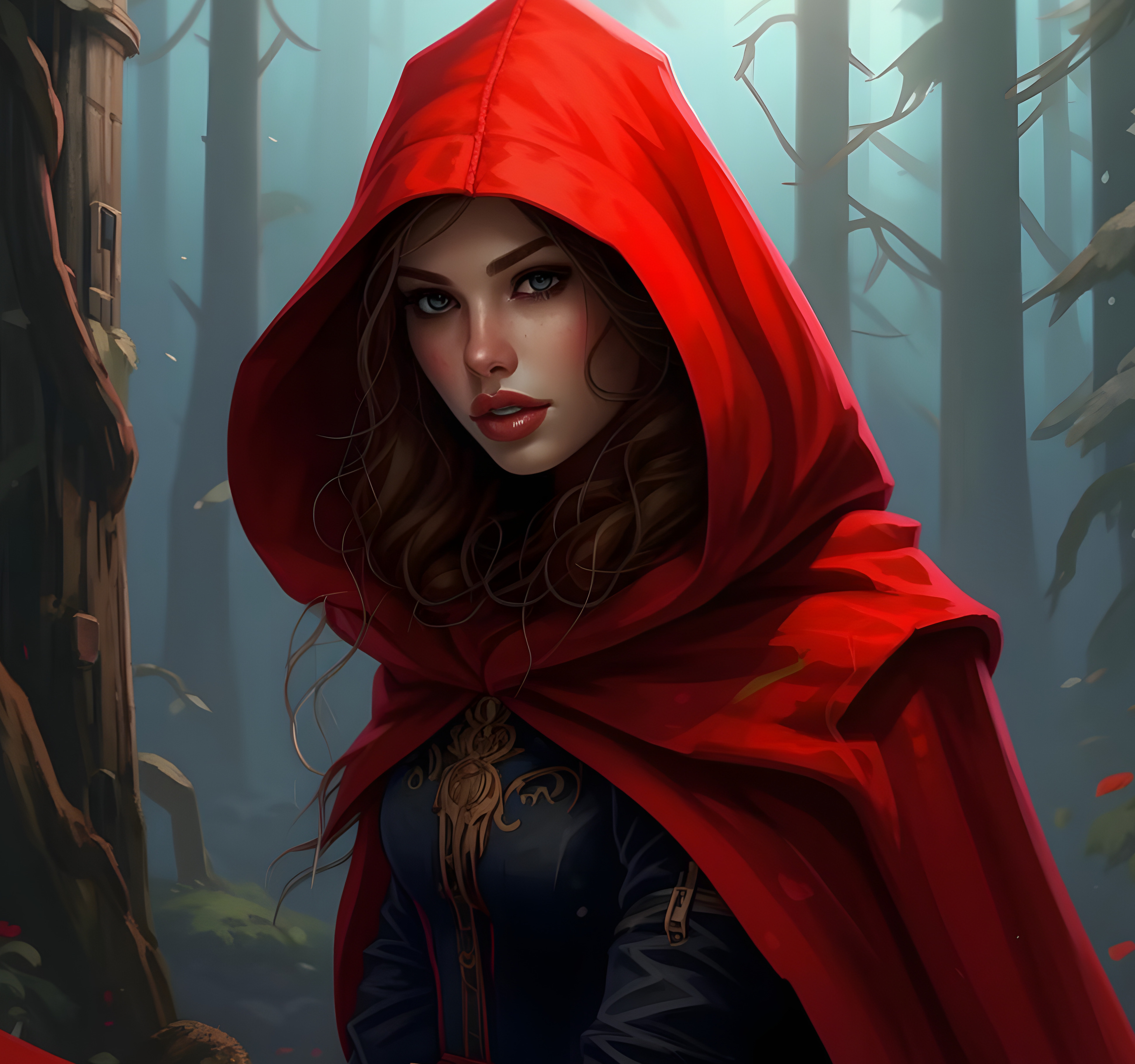Little Red Riding Hood in a fairy tale forest.