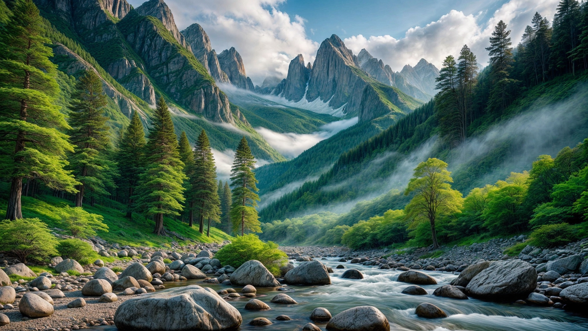 Бесплатное фото Горный пейзаж и быстрая горная речка
