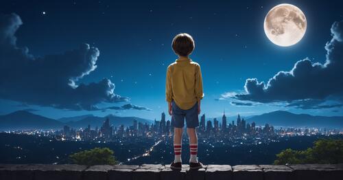 A boy looks out over the city under the moon.