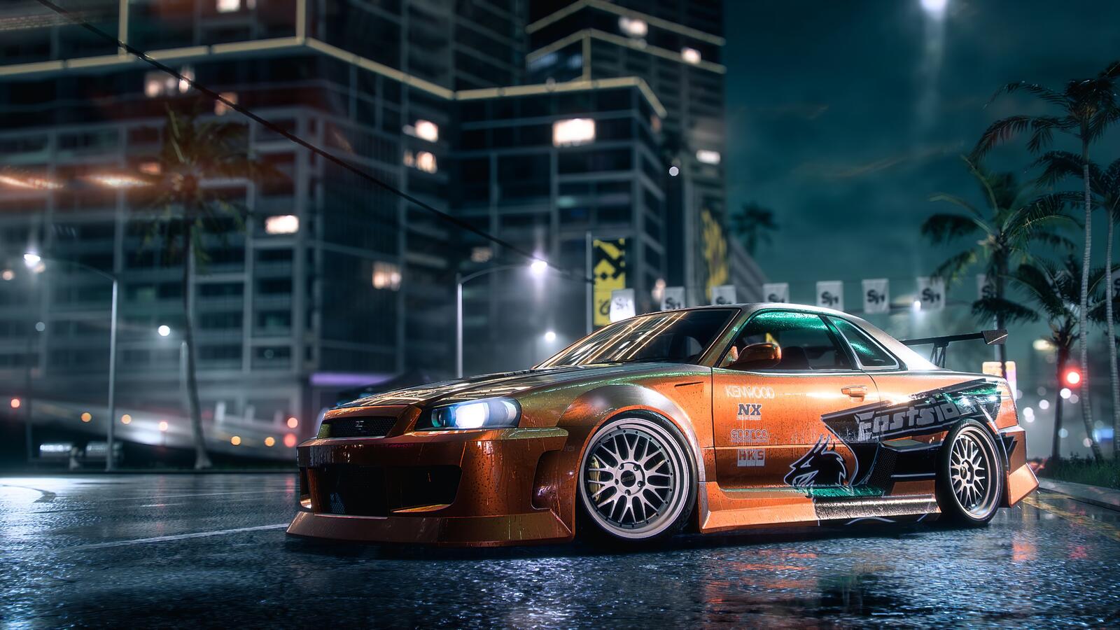 Бесплатное фото Nissan GTR на ночных улицах Need for Speed