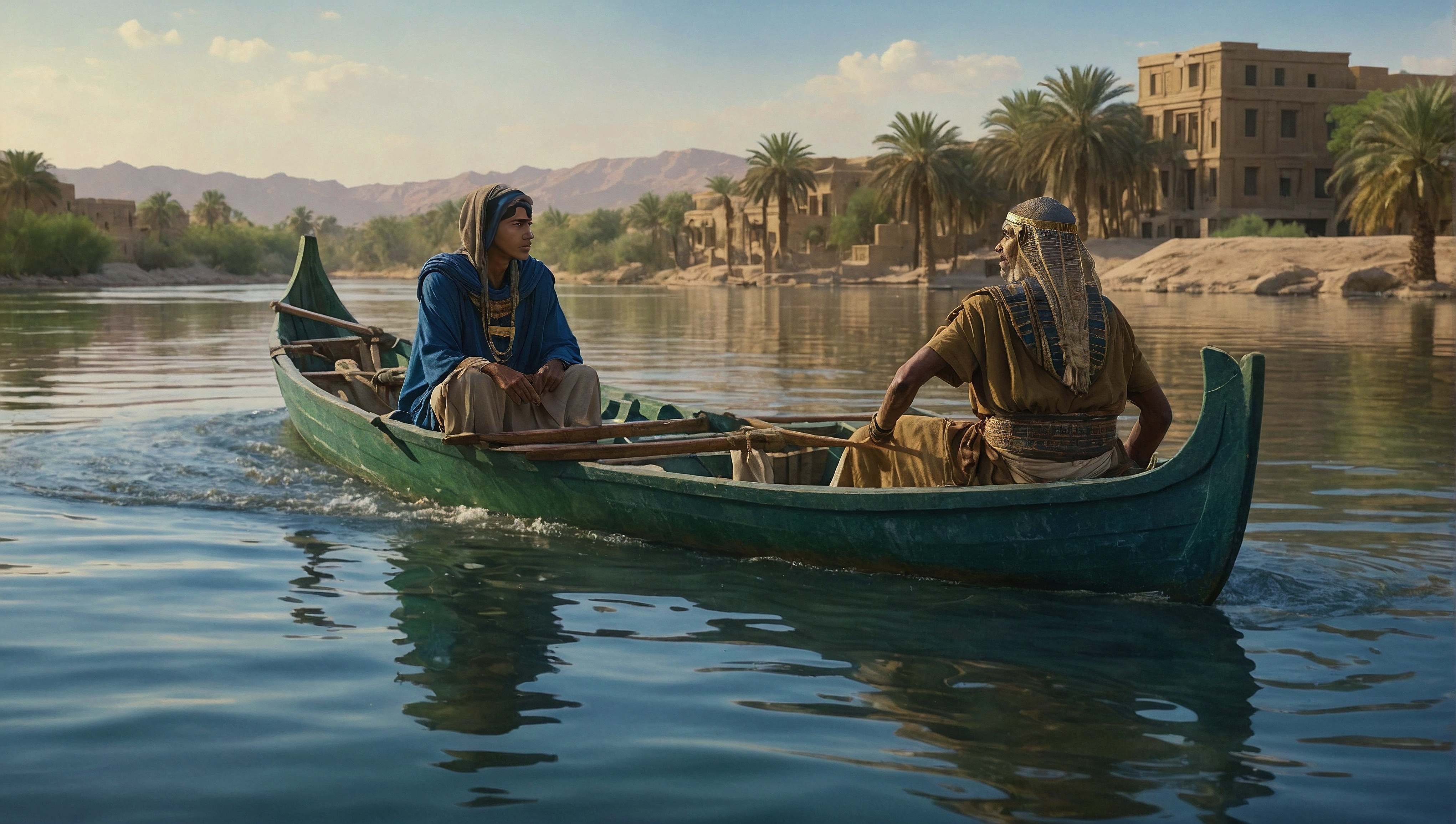 两名头戴花哨头饰的男子乘独木舟在水上航行