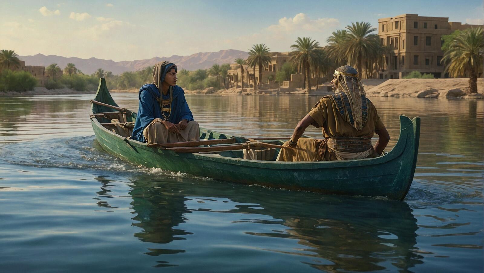 Free photo Two men in fancy headdresses in a canoe on the water
