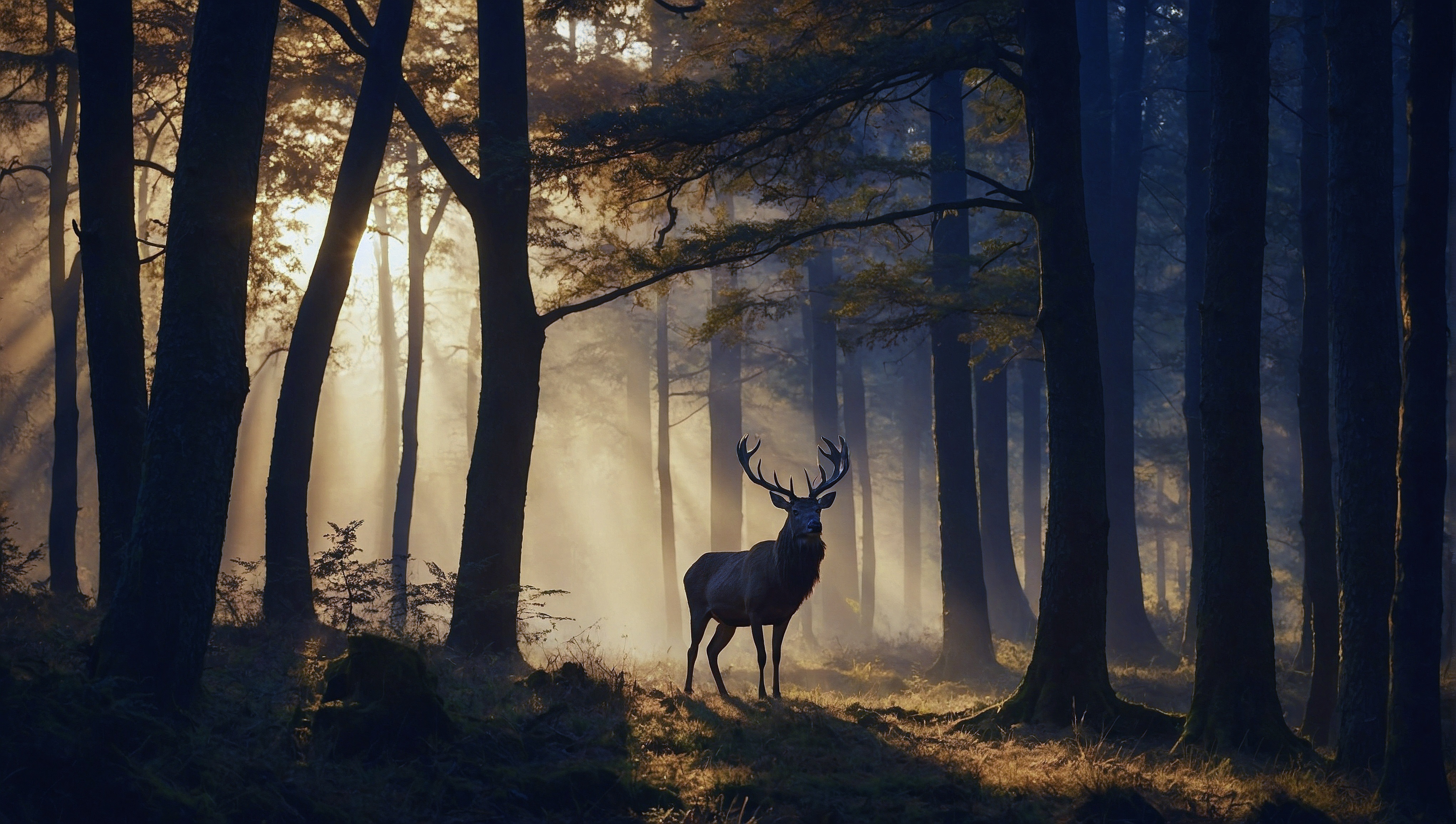 Олень стоит в лесу ранним утром на восходе солнца
