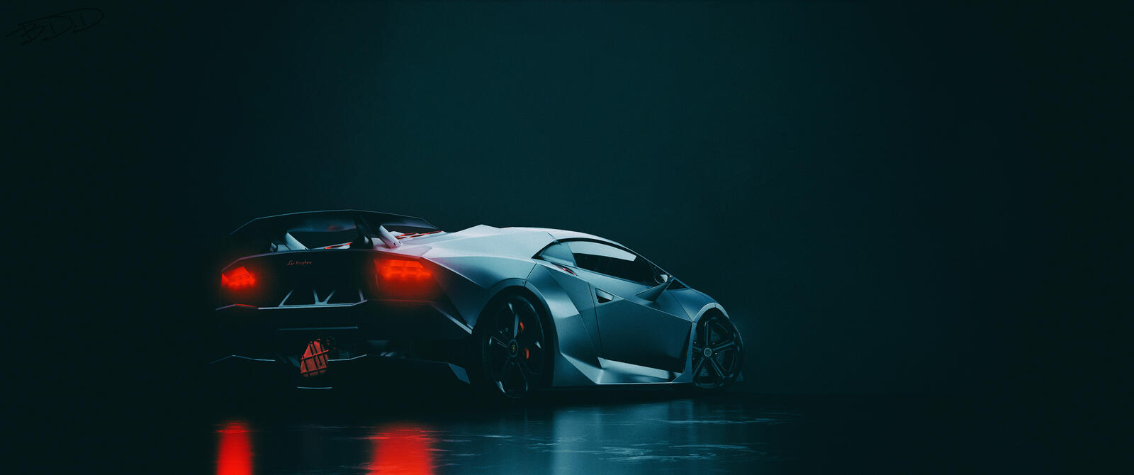 Free photo The back of a Lamborghini in the dark.