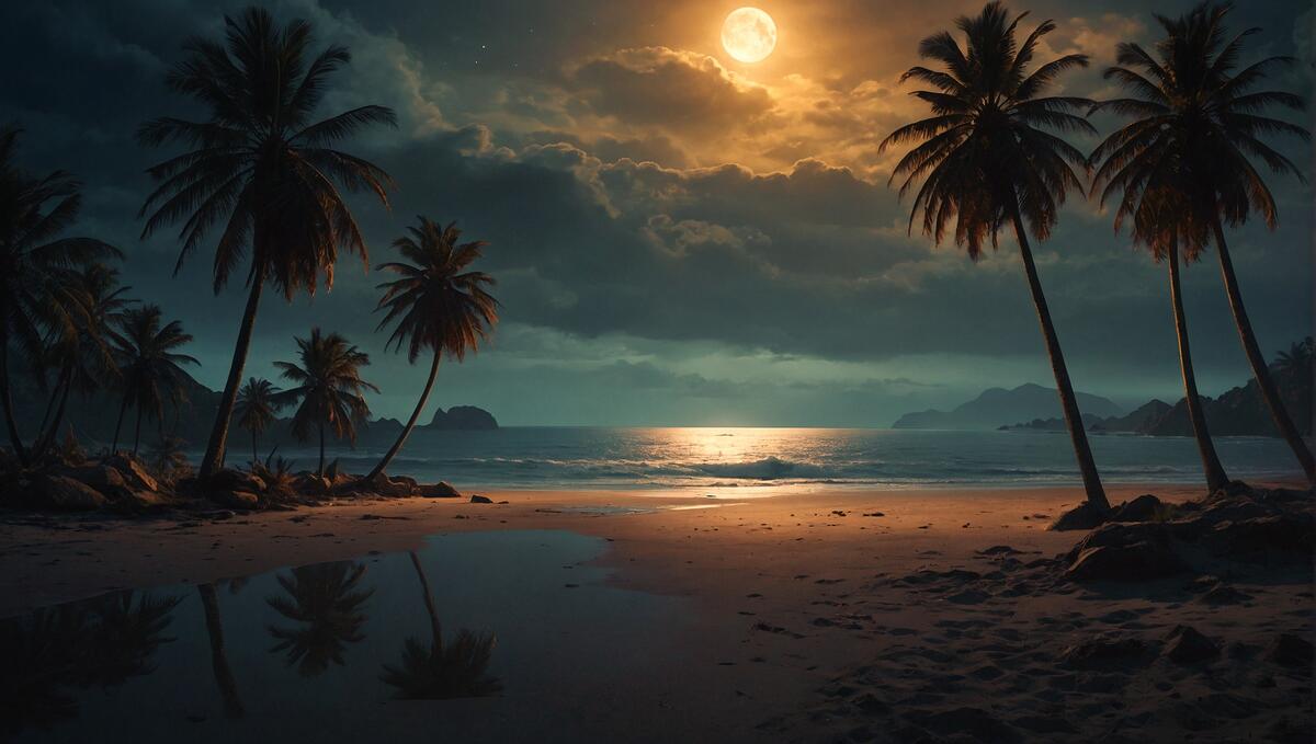 The moonlight is setting in front of some palm trees