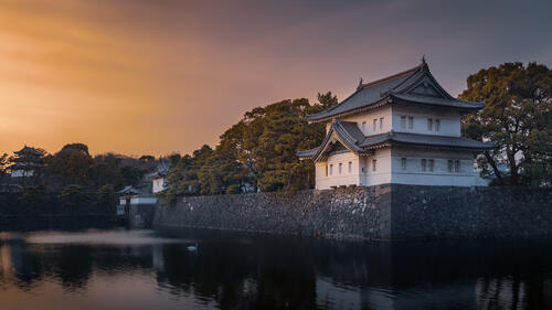Asian buildings by the river at sunset