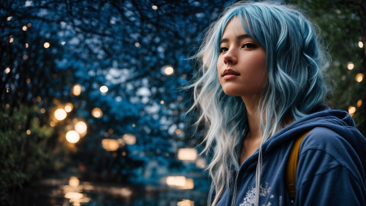 Asian girl with blue hair and makeup stares intently at something in the background