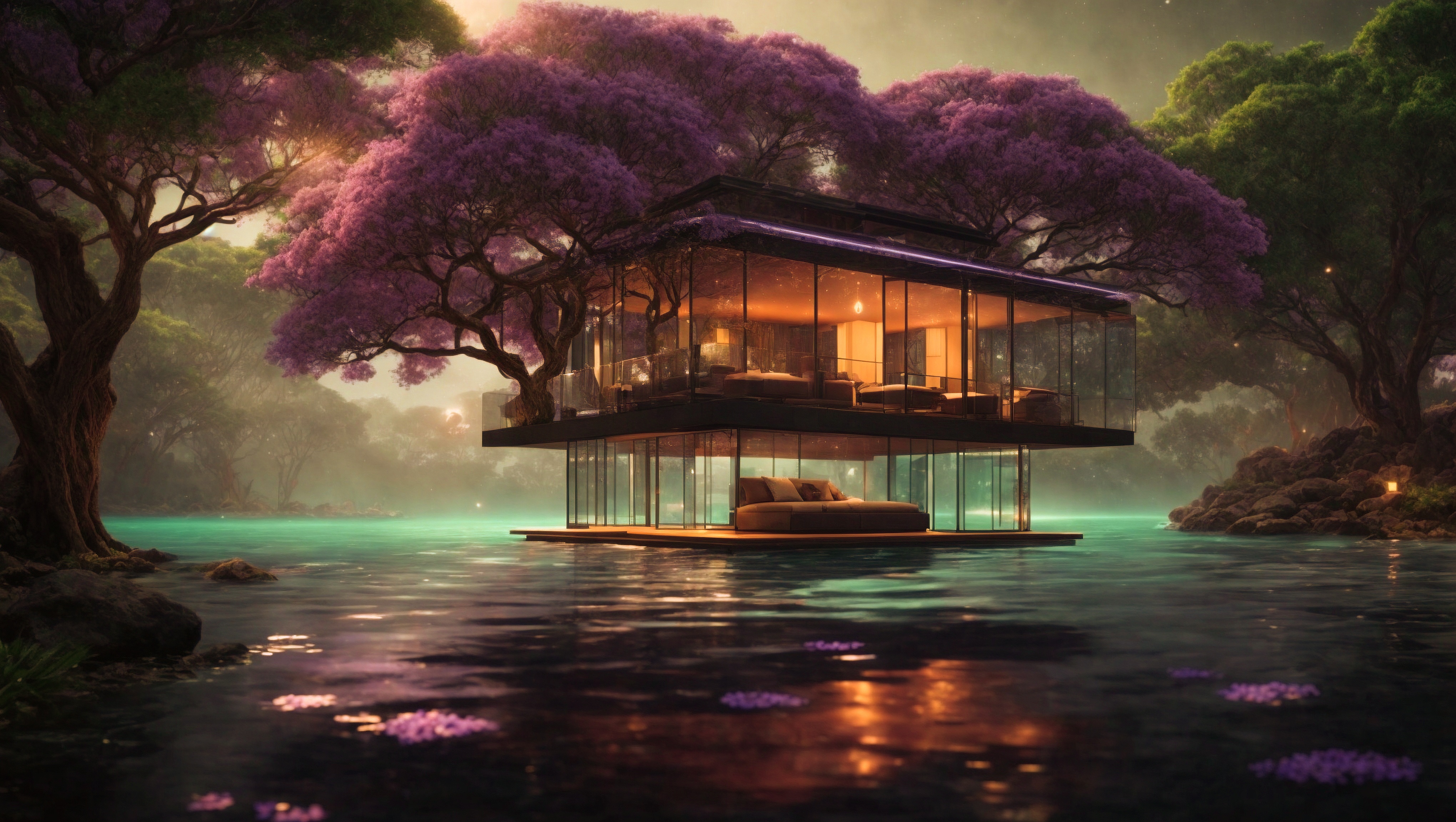 水边树木环绕的漂浮酒店