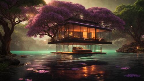 A floating hotel surrounded by trees next to the water