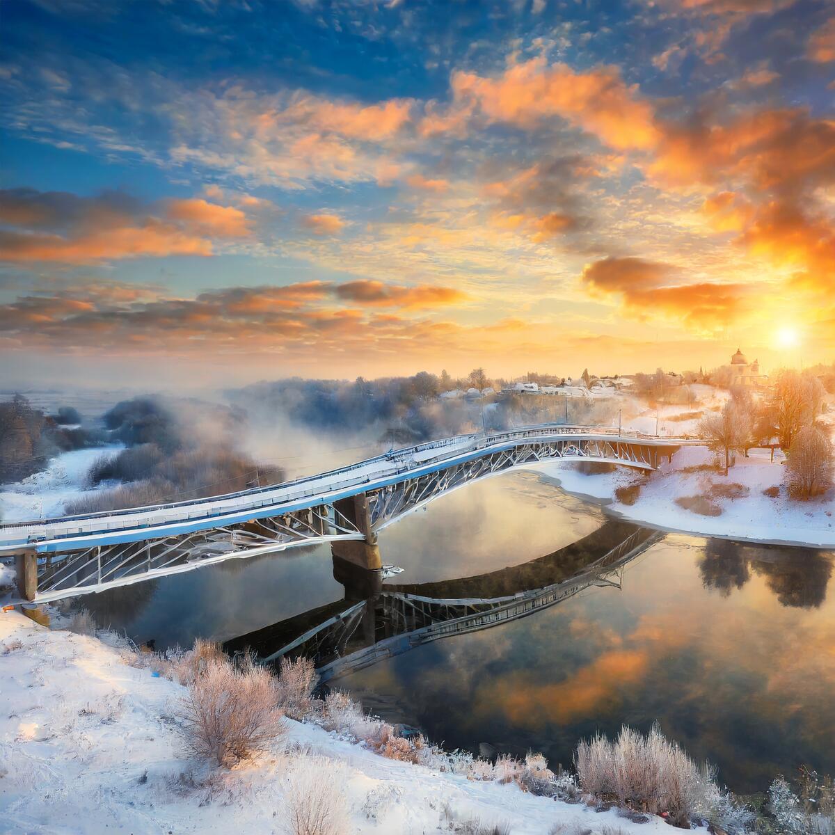 A bright dawn over the river in winter