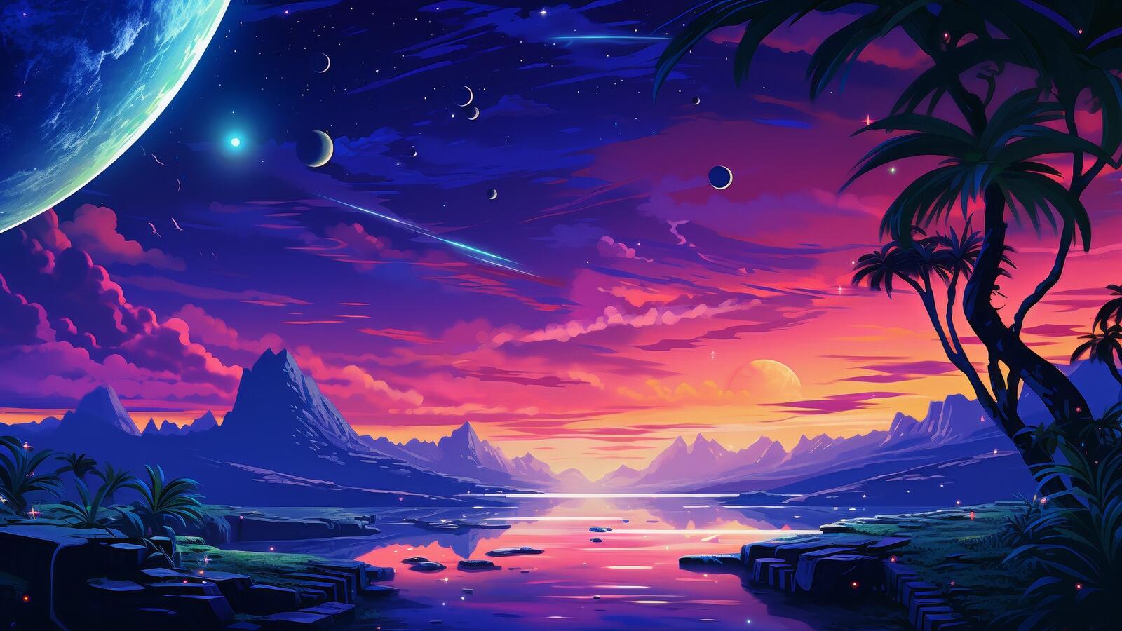 Бесплатное фото Рисунок ночной пейзаж чужого мира