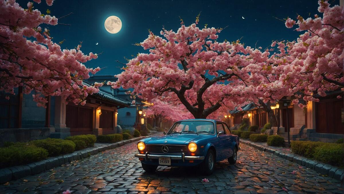 Автомобиль, припаркованный на булыжниках рядом с цветущими вишневыми деревьями.