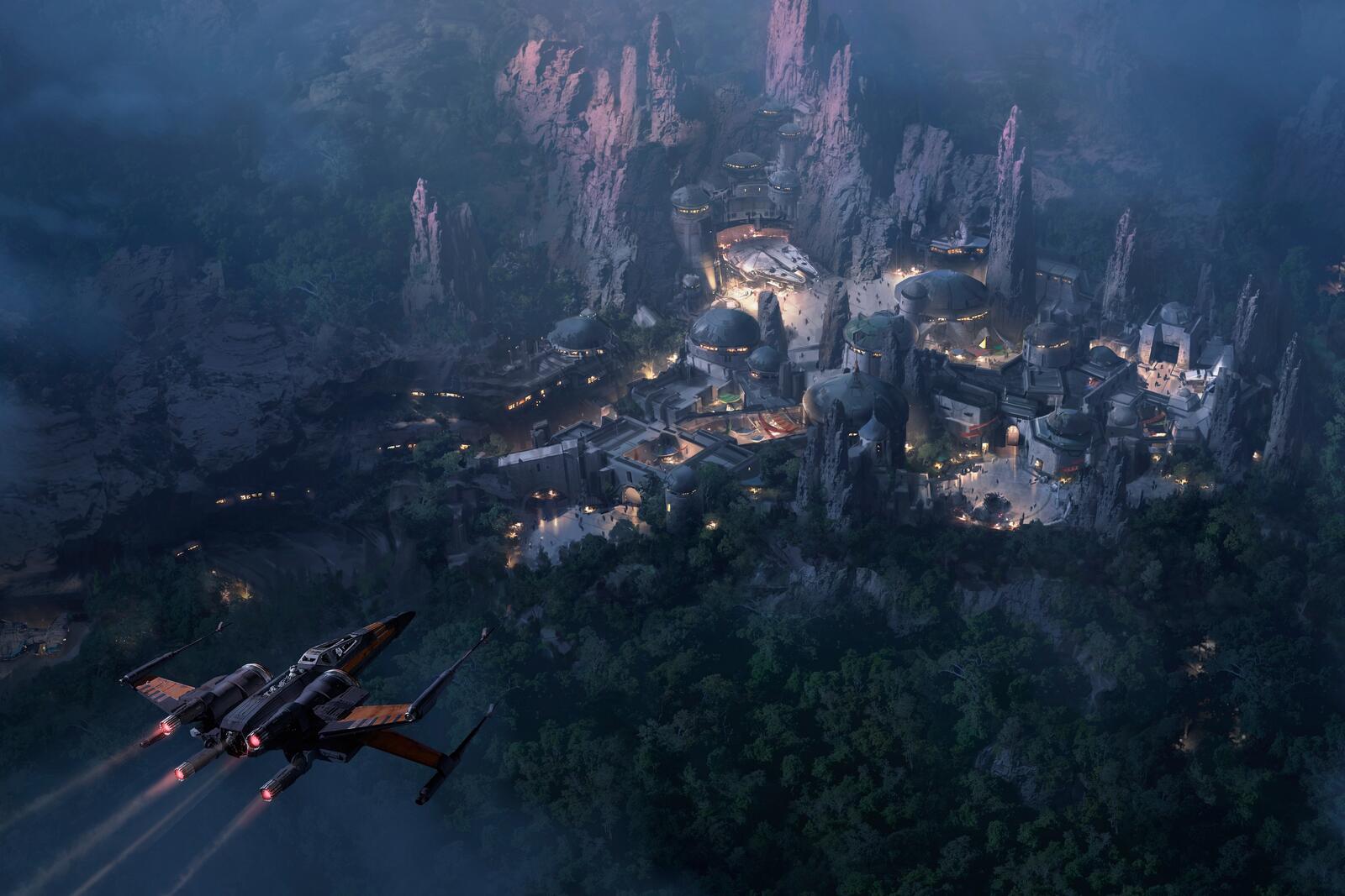 Бесплатное фото Самолет из звездных войн пролетает над городом