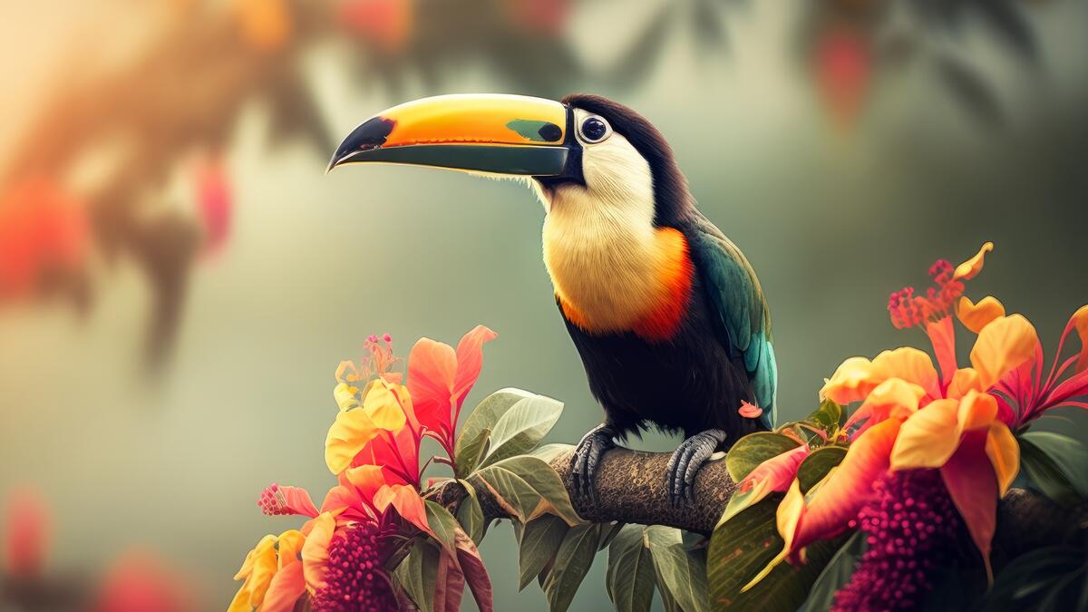 Птица тукан сидит на ветке с цветами