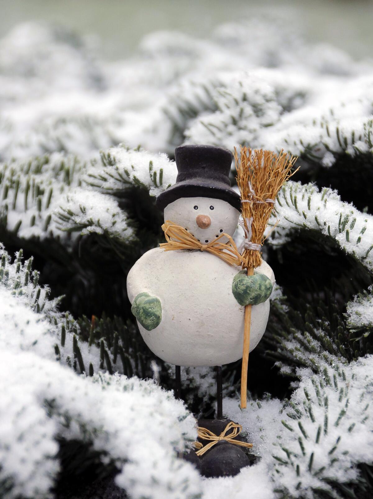 Снеговик украшает новогоднюю елку
