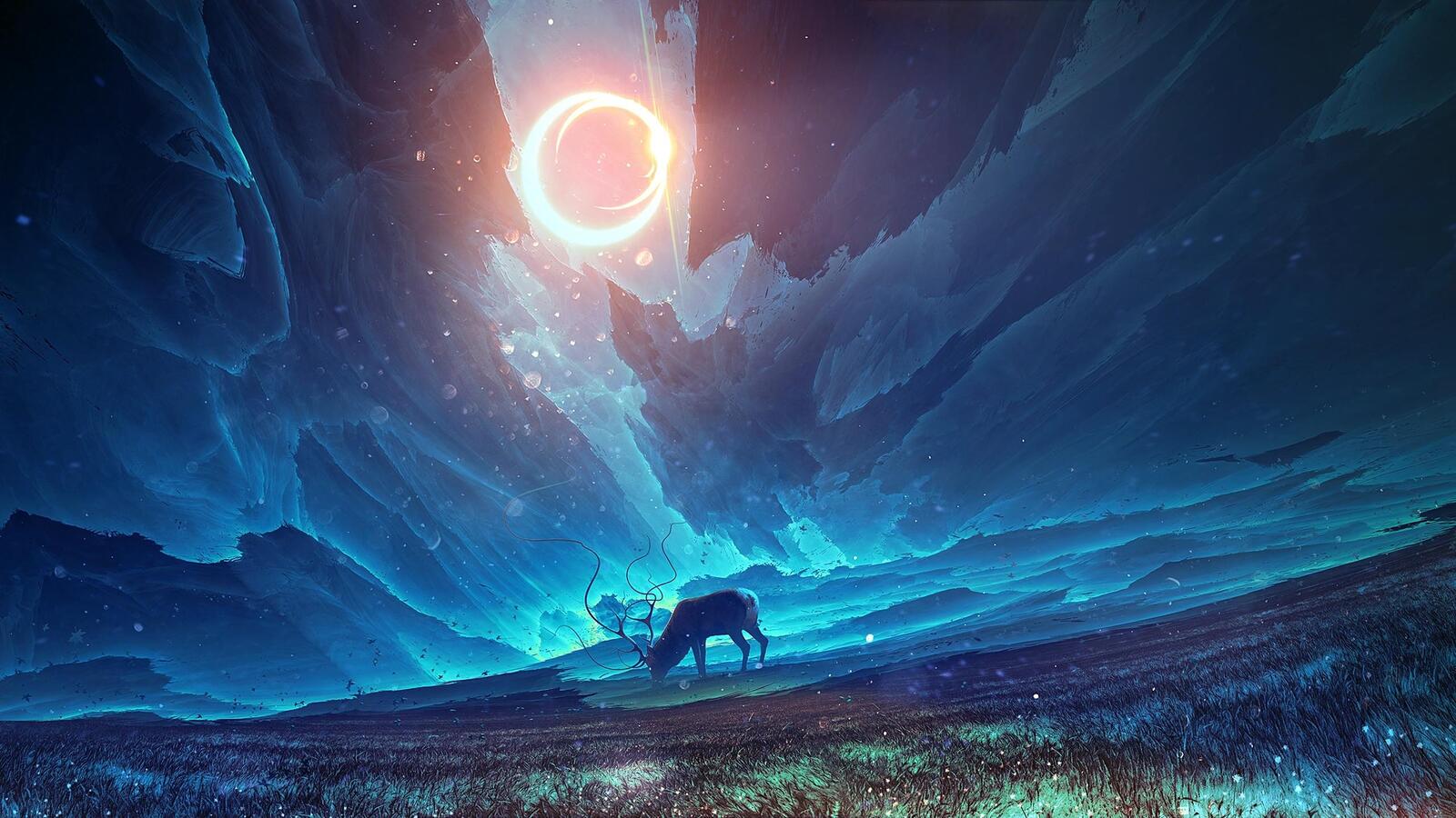 Бесплатное фото Рисунок оленя гуляющего на лугу под яркой луной