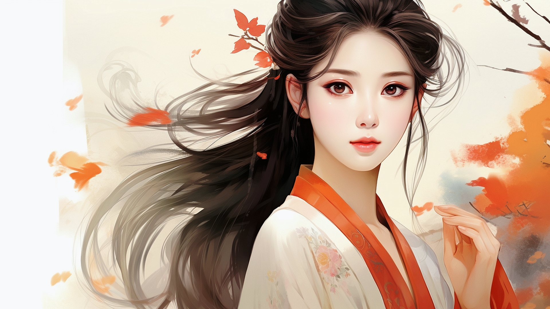 秋季身着和服的亚洲女孩肖像