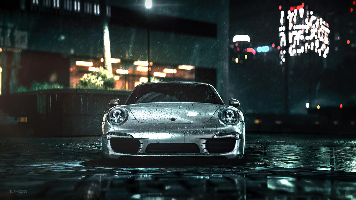 Porsche 911 2021 года в ночную дождливую погоду