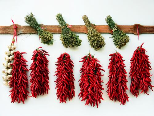 Red peppers with garlic and spices hang on the white wall