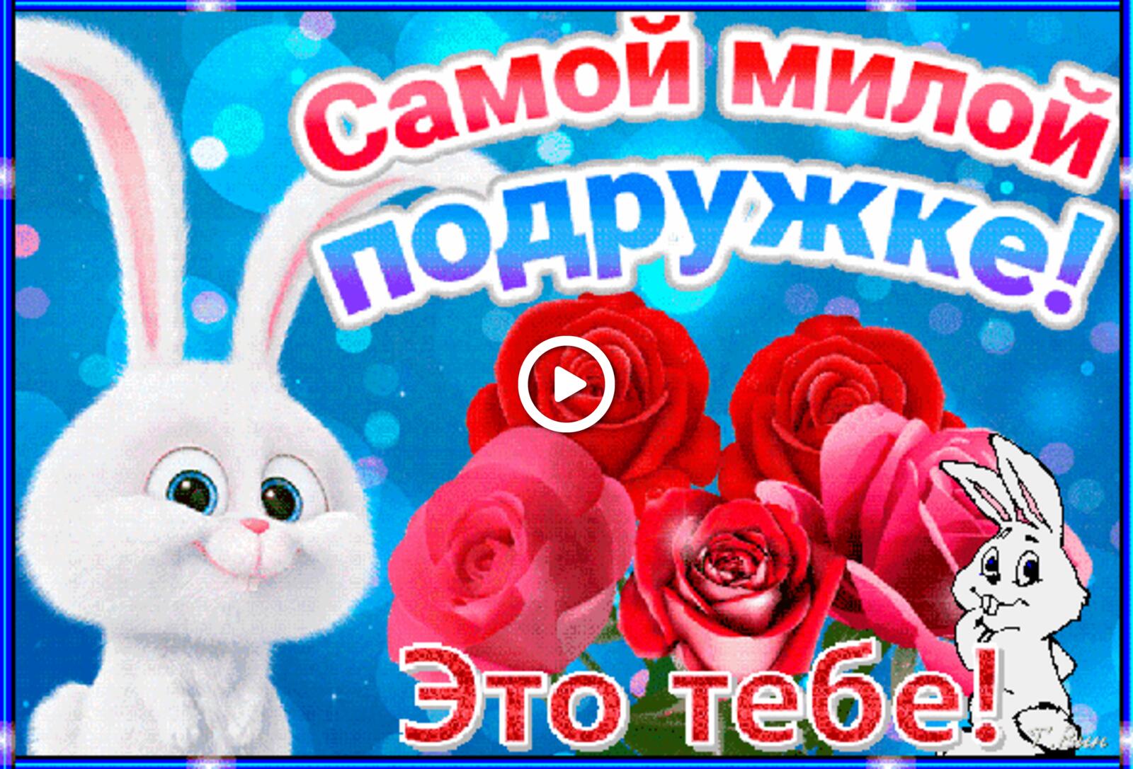 一张以玫瑰 鲜花 兔子为主题的明信片