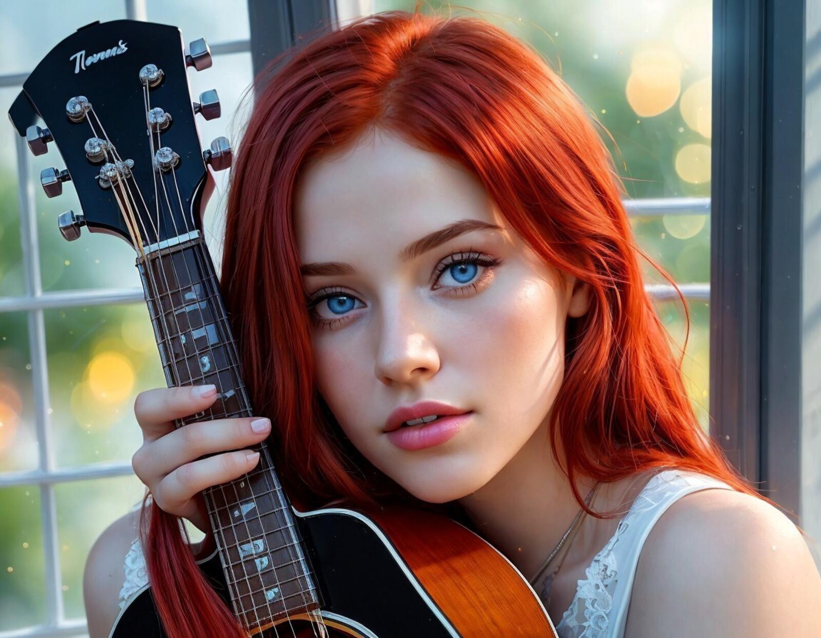 Бесплатное фото Девушка с гитарой у окна днем