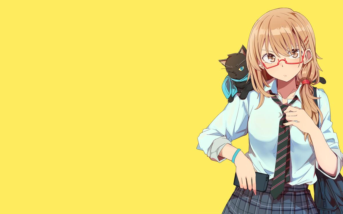 Аниме девочка на желтом фоне с котенком на плече