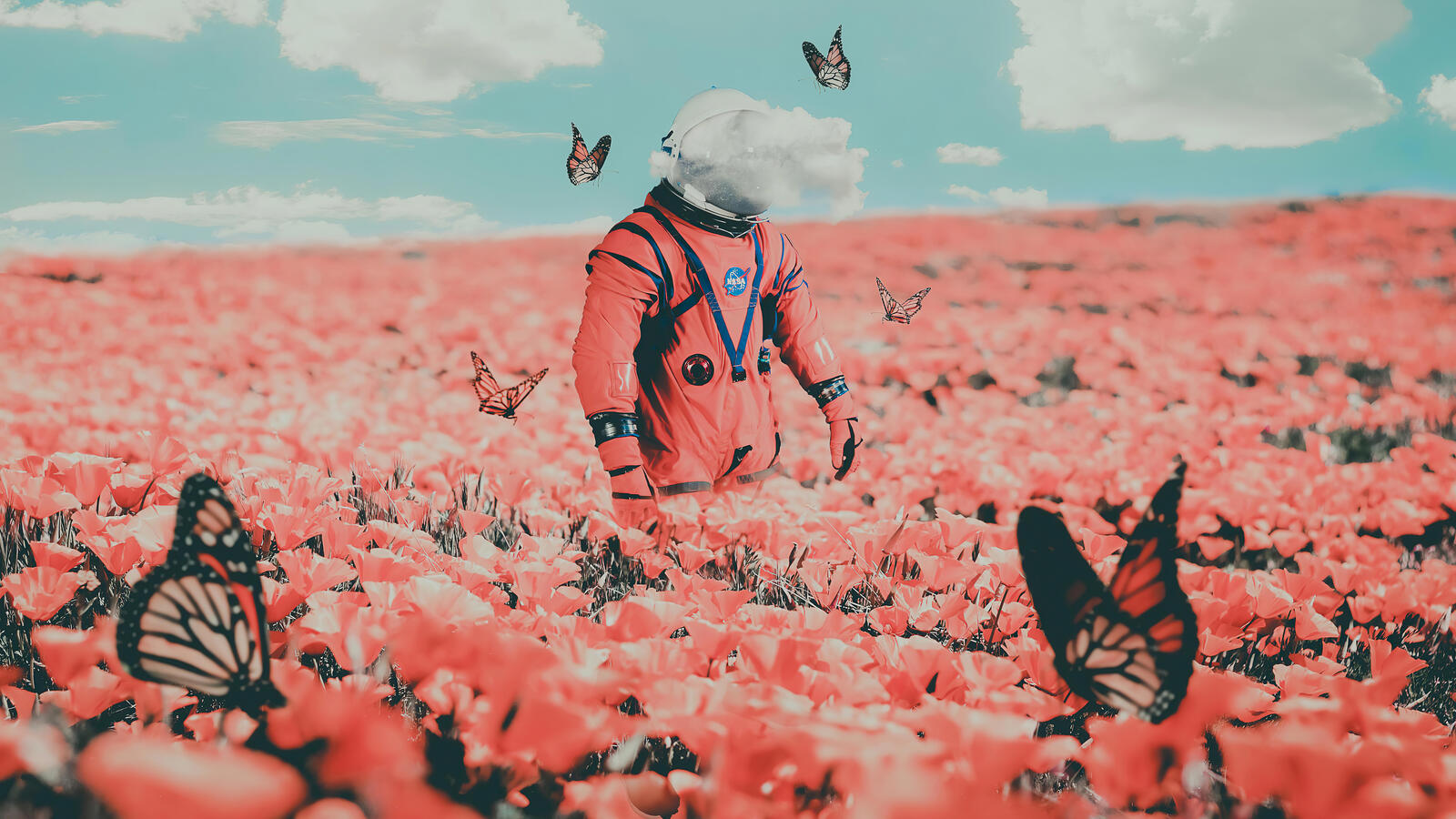 Бесплатное фото Космонавт на поле с розовыми цветами и бабочками