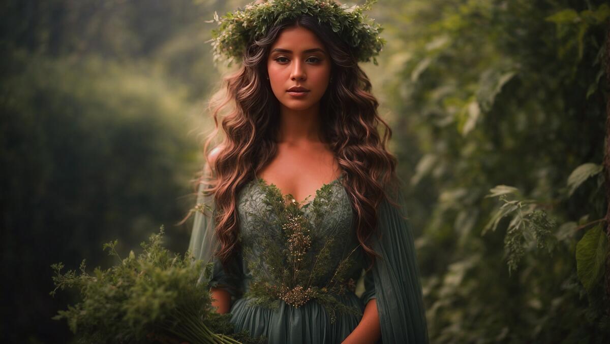 A beautiful young woman in a green dress with leaves in her hair