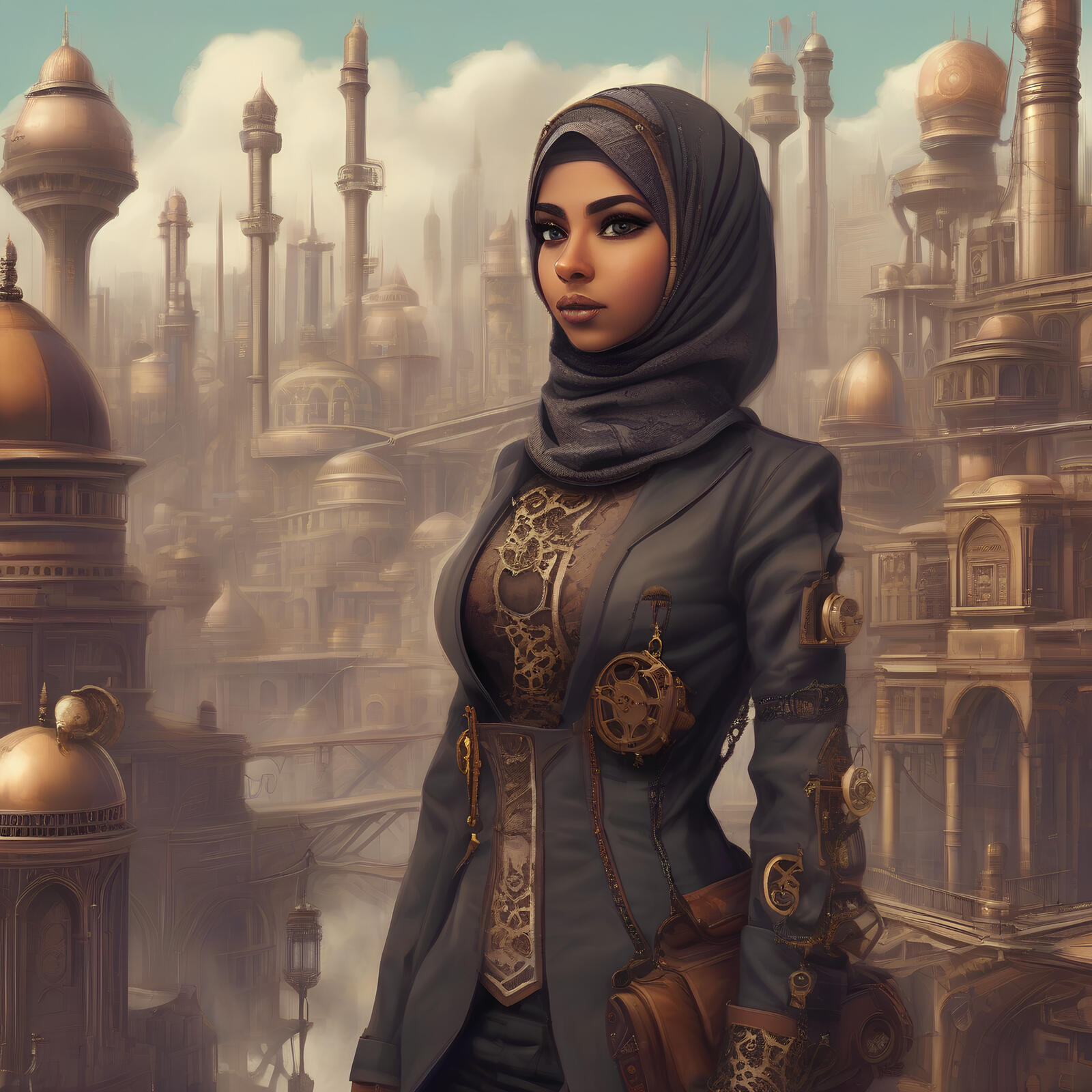 Бесплатное фото Muslim girl steampunk city