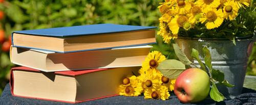 Yellow flowers in a bucket on a table of books