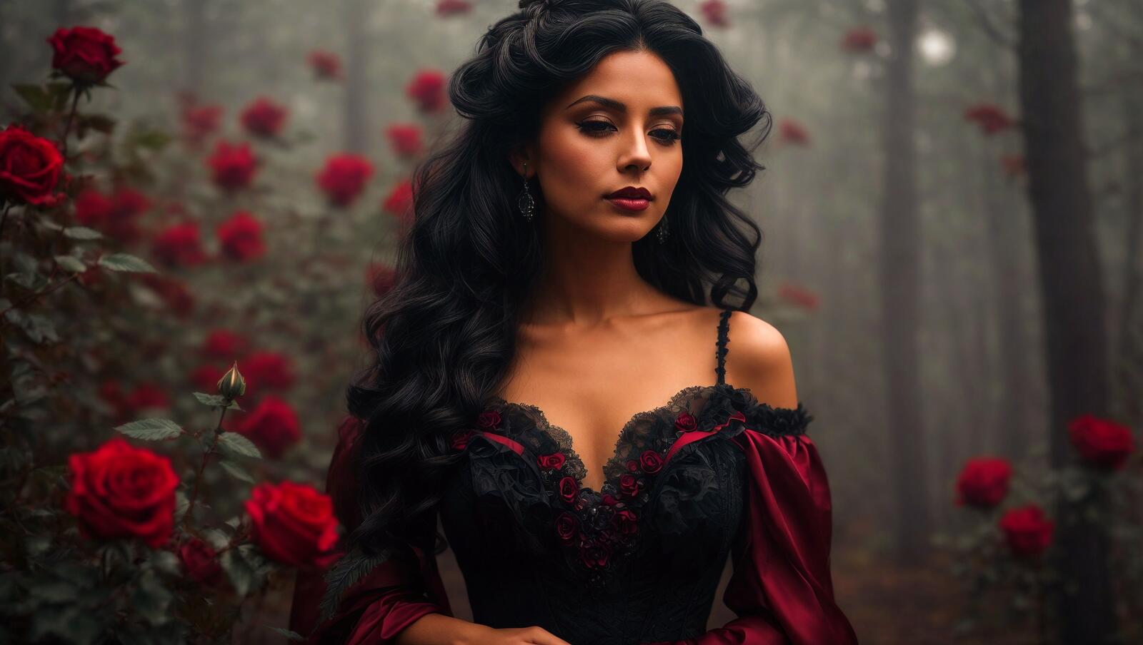 Free photo A woman with long hair in a black dress is surrounded by red roses